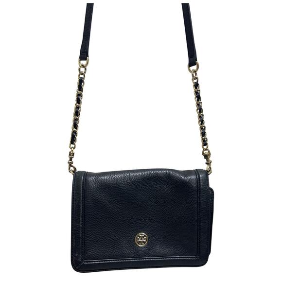 Tory Burch Landon Pebbled Leather Crossbody Wallet Bag Black 6"x8.5" Modern Chic - Picture 3 of 10